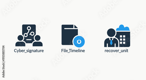 Icons for cyber signature, file timeline, and unit recovery in cybersecurity and data management.