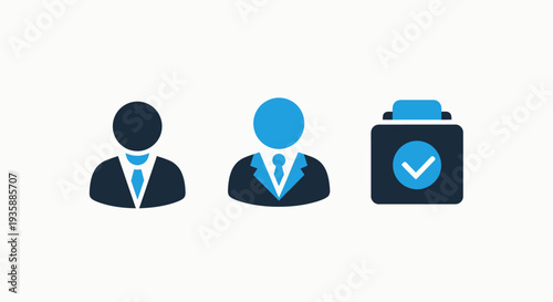 Modern flat icons showing business professionals and a checklist with a verified checkmark.