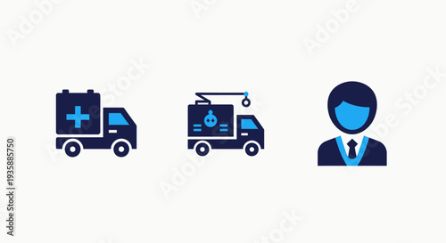 Icons for emergency medical transport, hazardous material transport, and a business person.