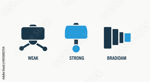 Modern flat icons set for camera stabilization equipment: weak, strong, and steadicam.