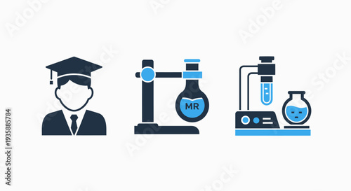 Icons representing a graduate student, chemical experiment setup, and laboratory equipment.