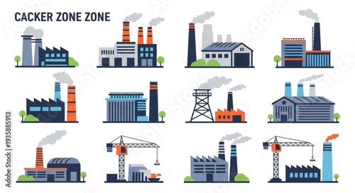 Collection of Industrial Factory Buildings with Smoke Stacks.