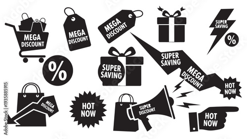 Black Sale Icons with Megaphone and Shopping Bags in Modern Minimalist Style for E-commerce