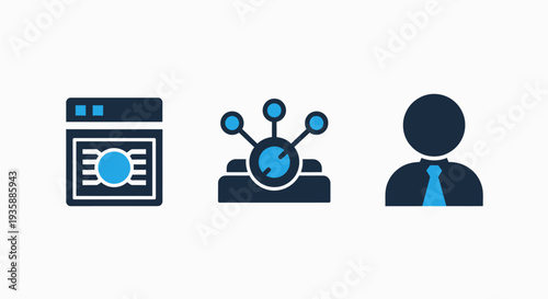 Connection and network icons: user interface, central hub, and profile for system integration and teamwork