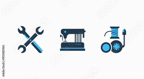 Sewing and repair icons: wrenches, sewing machine, and thread spool for craft, DIY, and maintenance