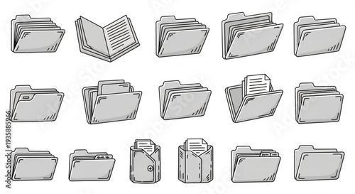Collection of Hand Drawn Document Folders and Files.