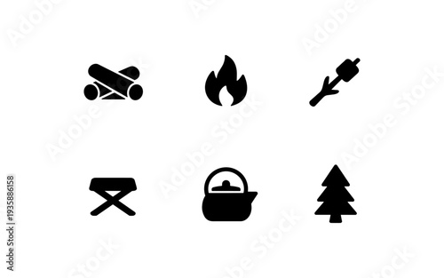 Collection of camping and outdoor activity icons on a white background