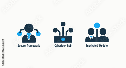 Icons for cybersecurity and data protection: secure framework, cyberlock hub, and encrypted module, illustrating digital security and network safety.