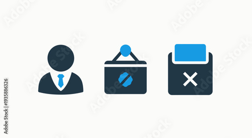 Icons representing business and negation: a businessman, a shop with a prohibition sign, and a document with a cross, indicating business services, restricted access, or errors.