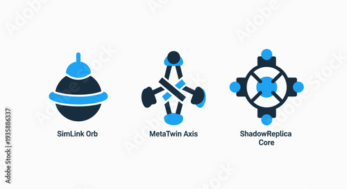 Abstract icons representing digital concepts: a 3D orb, a meta-axis, and a shadow replica core, suggesting simulation, digital twins, and virtual reality.