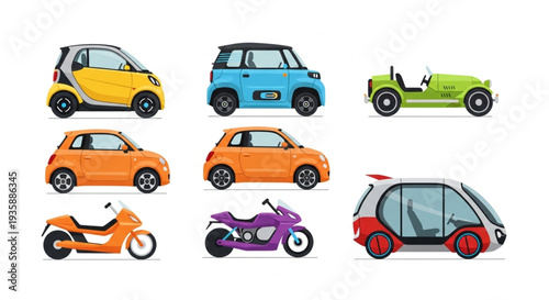 Collection of diverse vehicles including cars motorcycles and futuristic transport.