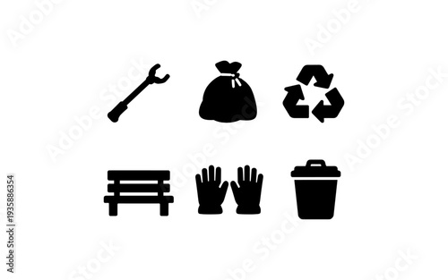 Collection of icons representing environmental cleanup and park maintenance tasks