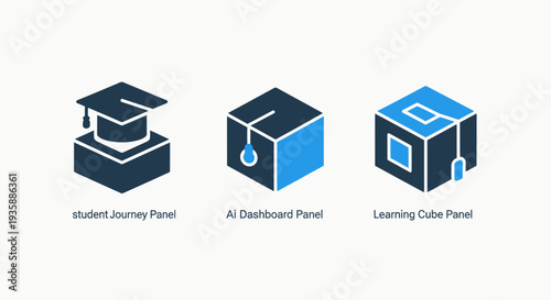 Set of abstract cube and graduation cap icons symbolizing education, AI, and learning journey, rendered in dark blue and bright blue.