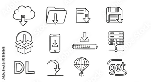 Collection of download icons and symbols representing data transfer and storage.