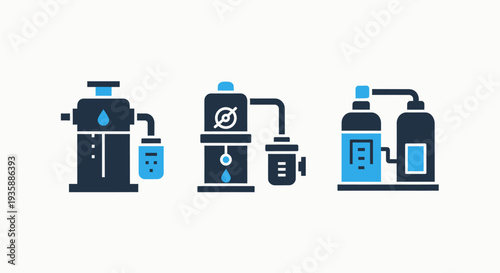 Set of icons representing industrial water purification systems, including filtration and storage units, in a modern blue and dark blue style.