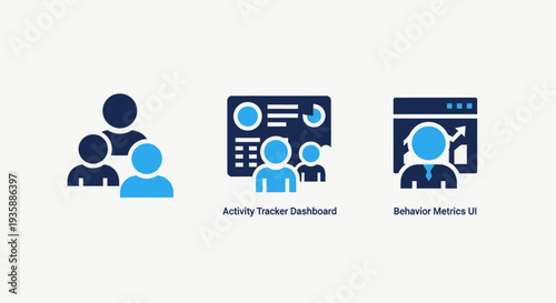 Icons illustrating team collaboration and data analysis: group of people, activity tracker dashboard, and behavior metrics UI, in blue and dark blue.