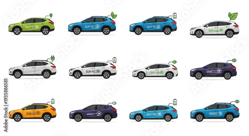 Collection of electric cars in various colors and designs.
