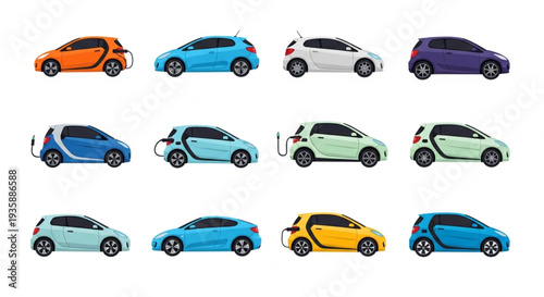 Collection of Electric Cars in Various Colors and Angles.