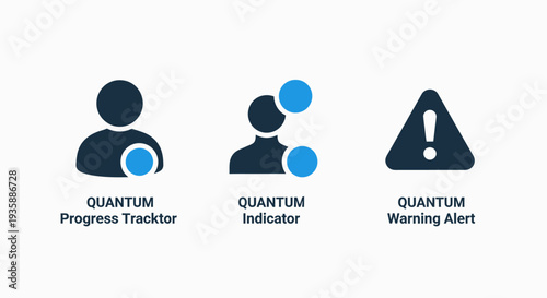 Icons for quantum computing concepts: progress tracker, indicator, and warning alert, representing advanced technology and data monitoring.