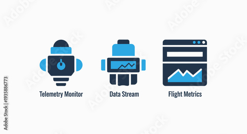 Telemetry Monitor, Data Stream, and Flight Metrics Icons for Remote Sensing and Aerospace Technology