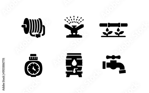 Set of irrigation icons including hose reel, sprinkler, drip irrigation, timer, barrel, and faucet