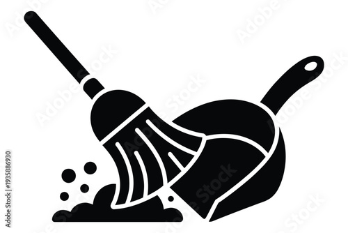 Broom and dustpan cleaning tools, tidying up, house work, sweep floor, domestic chores, vector illustration