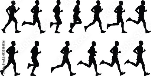 Running man silhouettes collection, male jogger motion poses, fitness training sequence, athlete running cycle isolated on white background vector illustration