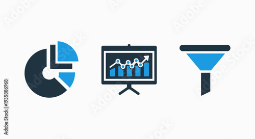 Business Analytics Icons with Pie Chart, Line Graph, and Funnel for Data Reporting and Filtering