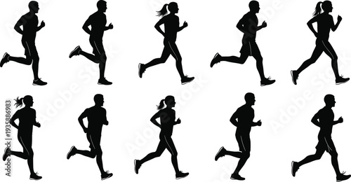 Running people silhouettes collection, male and female joggers in motion, fitness training poses, marathon exercise concept, active lifestyle illustration
