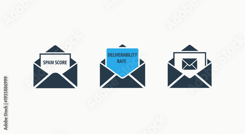 Email Marketing Metrics Icons: Spam Score, Deliverability Rate, and Message Management Concepts