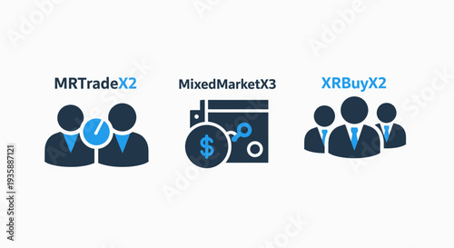 Business and Finance Icons for Trade Transactions, Mixed Market Strategy, and Team Collaboration or Buying Decisions