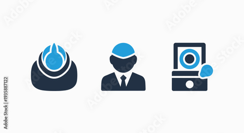 User Interface Icons Representing Data Processing, Personal Profiles, and Device Interaction or Media Streaming