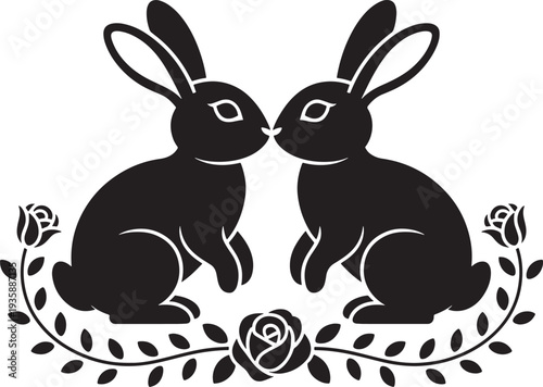 Easter day black silhouette of two kissing rabbits with floral wreath