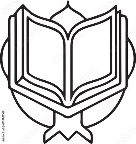 Open Quran book with laurel wreath and star symbol on white background