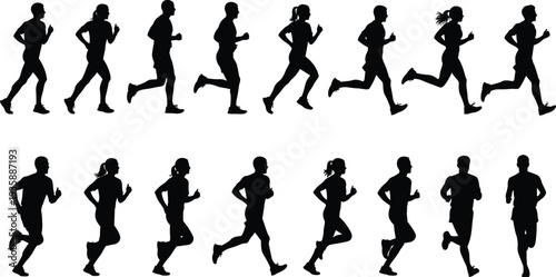 Running people silhouettes set showing male and female joggers, fitness training, marathon runners, active lifestyle concept, isolated on white background