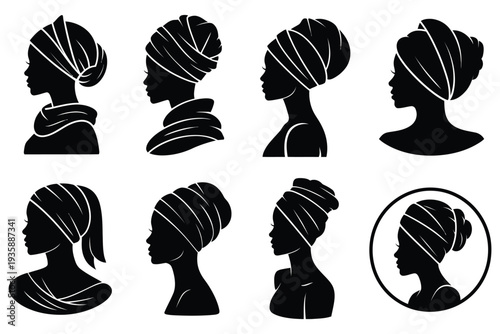 Eight silhouette portraits of african women wearing traditional fabric head wraps in various elegant styling positions