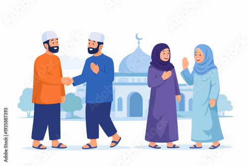 Muslim people greeting and gathering in front of a mosque.