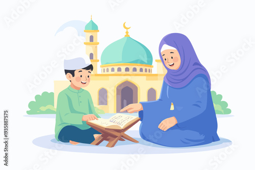 Happy Muslim family standing near a mosque representing Islamic family values.