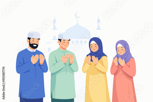 Muslim people praying together showing devotion and faith.