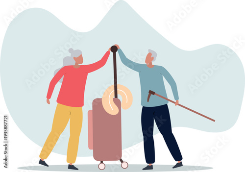 Elderly tourists concept. Grandfather with suitcase and grandmother. Travelers and tourists. Holidays and vacations in tropical countries.person's life situation and his activities.