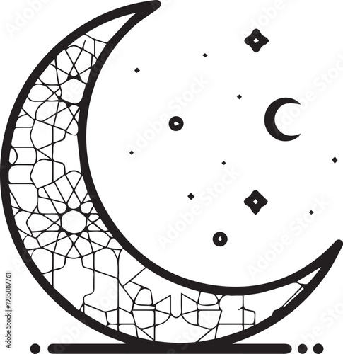 Ramadan crescent moon illustration with stars minimalist white background