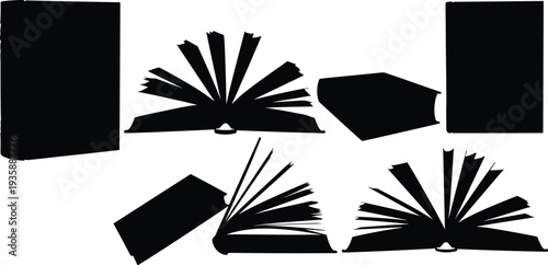 Book silhouettes in varied orientations, open and closed, upright and flat, minimalist black design, literature, education, reading, knowledge, 