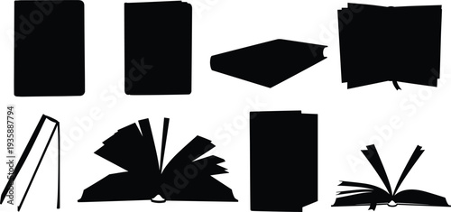 Book silhouettes in multiple orientations, open and closed, upright and flat, minimalist black design, literature, education, reading, knowledge, 