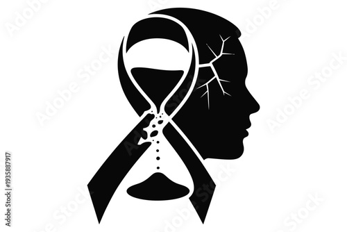 Human head silhouette with an hourglass inside and cracks on the temple representing the passage of time mental health and stress