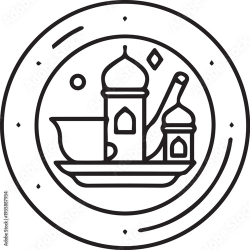 Ramadan iftar meal set with dates water mosque lanterns minimalist line art
