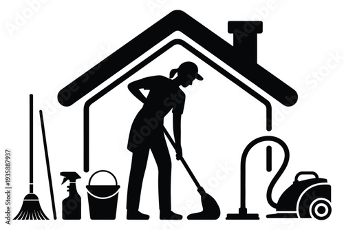 house cleaning service with person mopping floor and various cleaning tools like broom vacuum cleaner and bucket under roof icon