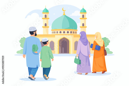 Muslim family walking together toward a mosque for prayer.