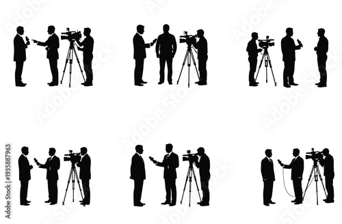 Reporters and Cameramen Silhouette Set Vector Illustration