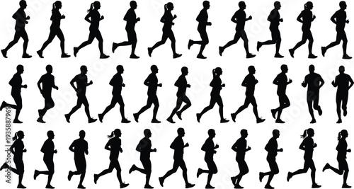 Running people silhouettes set, men women jogging poses, marathon runners collection, fitness sport illustration isolated white background vector black design