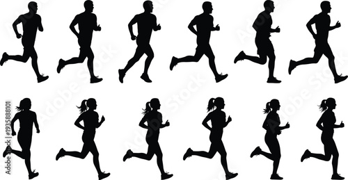 Running people silhouettes, male female joggers motion sequence, fitness workout poses, sport activity, black vector isolated white background